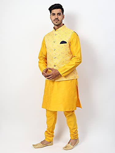 Image of Uri and MacKenzie Men's Silk Blend Regular Kurta Churidar Pyjama with Bundi Nehru Jacket /Waistcoat