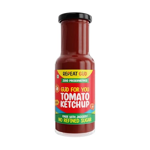 Image of REPEAT GUD Healthy Tomato Ketchup For Kids | No Refined Sugar, Made With Jaggery | 100% Natural Ingredients | No Chemical | No Preservatives | No MSG | No GMO | No Cornstarch | 100 % Vegetarian | 225 gm