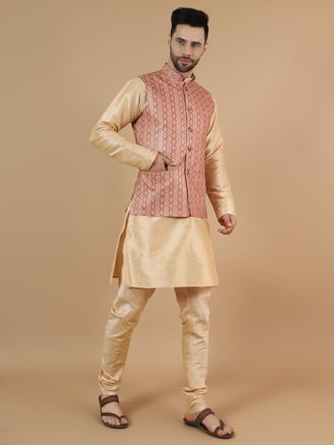 WINTAGE Men's Digital Print Cotton Silk Gold Modi Nehru Jacket & Kurta Payjama Set2