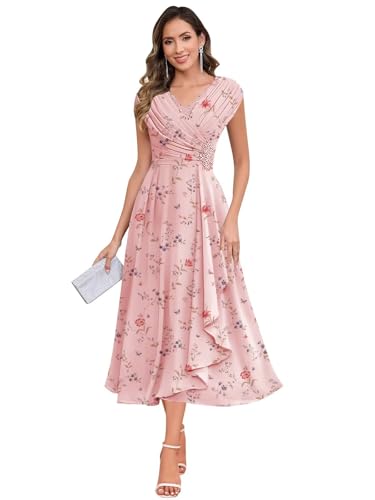 Image of BOLENSYE Plus Size Mother of The Groom Dress for Wedding Tea Length Grandmother Dress Floral Rose Evening Gown US26W