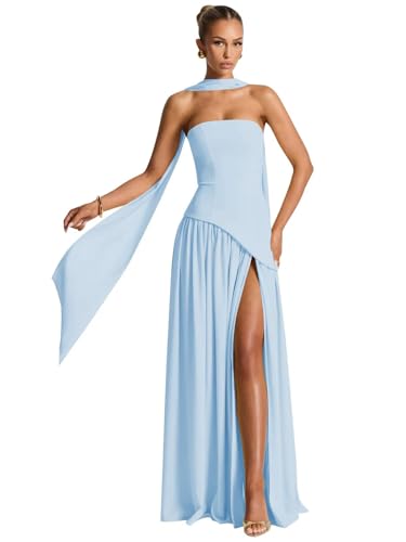 Strapless Bridesmaid Dresses with Scarf Long Silk Chiffon Drop Waist Prom Dress Formal Evening Gown with Slit