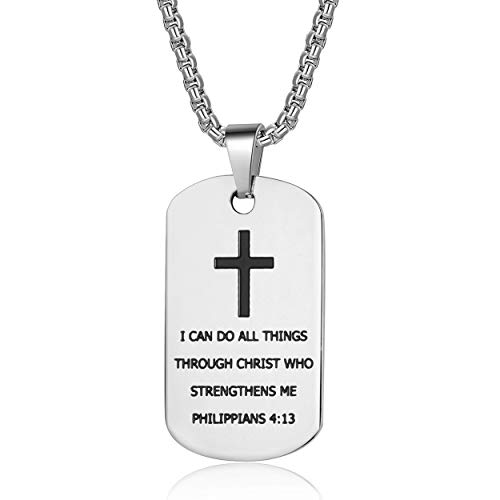 Rehoboth Dog Tag Cross Pendant Necklace Inspirational Bible Verse from Philippians 4:13