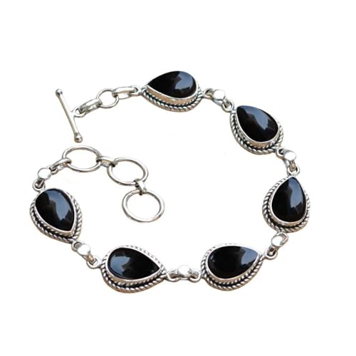 Black Onyx Stone Bracelet, Silver overlay Pear Shape 7x10 MM Natural Gemstones Bracelet, Handmade Link Bracelet Jewelry Women's Day Gift For Mom Wife Sister Her (black onyx)
