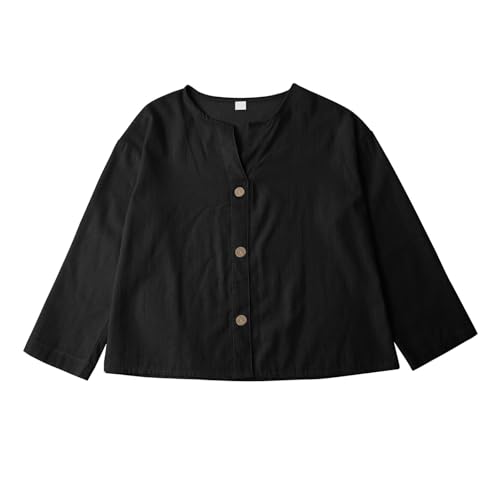 Girls Cotton Linen Shirts Summer Henley Shirts Blouse Long Sleeve Kids Lightweight Tops T Shirt Loose Fit with Pocket2