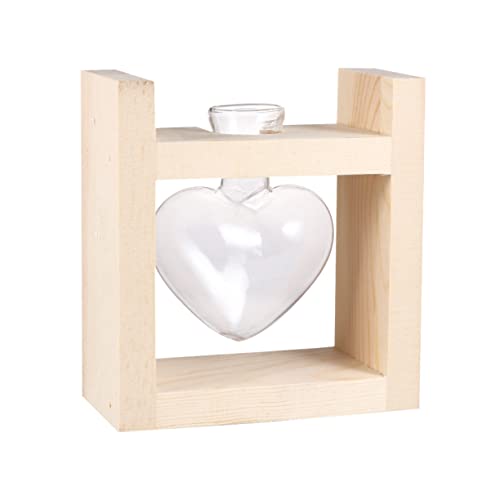 HEALEEP 1 Pieza Jarrón Corazón de Vidrio con Soporte de Madera para Hidroponía Decoración de Interiores Contenedor de Plantas con Estante para Ocasiones Especiales