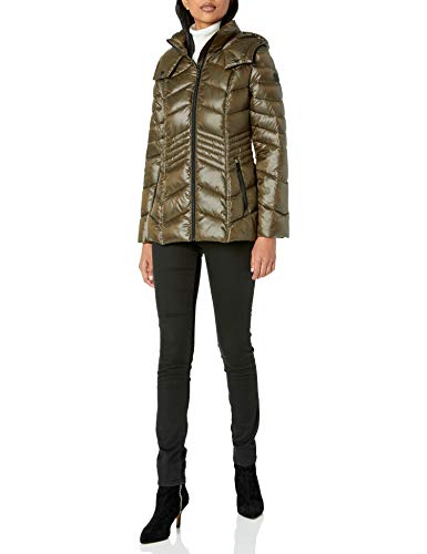 French Connection Women's Chevron Quilted Packable Jacket, Olive, Large
