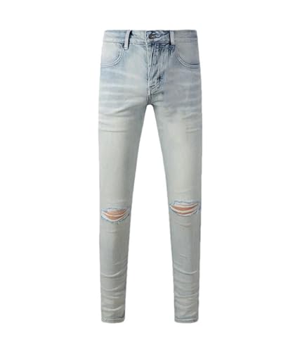 Men's High Street Distressed Stretch Skinny Denim Pants Vintage Low Rise Button Fly Ripped Jeans Pants