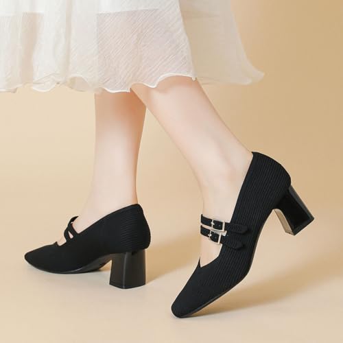 Women's Pumps Chunky Heels Pointed Toe Knit Comfortable Casual Work Office Dress Shoes4