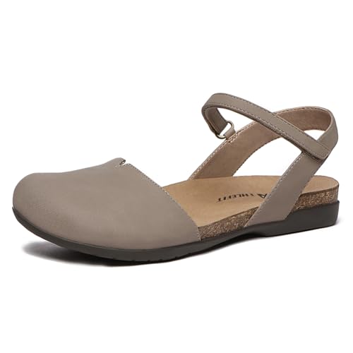 Athlefit Women's Closed Toe Sandals Comfort Cork Footbed Arch Support Flat Sandals Taupe Size 8.5