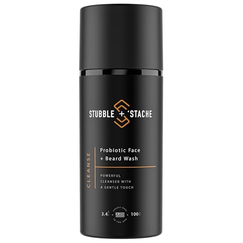 stubble & stache Face Wash and Beard Wash for Men – Daily Facial Cleanser with Niacinamide, Aloe Vera, Green Tea, and Probiotics – Fragrance-Free – 3.4 fl oz