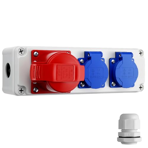 ALLmeter Caja de distribución eléctrica con 1× CEE 16A y 2× enchufes Schuko, caja de conexiones para pared con carcasa IP65, CEE IP44 / Schuko IP54, para taller, garaje y obra