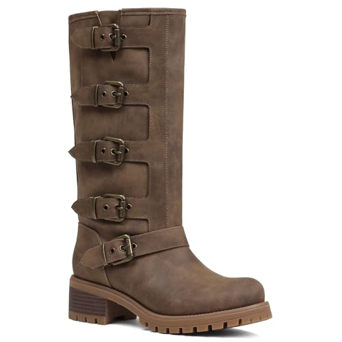 Image of AMINUGAL Knee High Boots Women Square Toe Pull On Wide Calf Riding Fashion Buckles Chunky Metallic Casual Vintage Buckle Rivet
