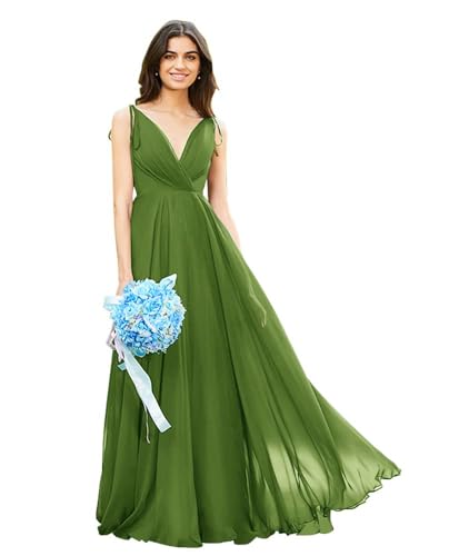 Image of HSFIYAKJ Bridesmaid Dresses Long Chiffon Formal Dress Open Back V Neck Evening Prom Gown for Women with Pockets