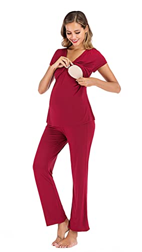 Ensemble De Pyjama d'allaitement De Maternité, Vêtements De Nuit À Manches Courtes À Col en V Super Doux, Vêtements De d'allaitement De Maternité pour Hôpital,Dark Red,S Cover