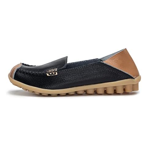 Womens Leather Loafers Slip on Flats Comfy Boat Shoes Office Work Driving Walking Nursing Shoes Black Size 9uk Cover
