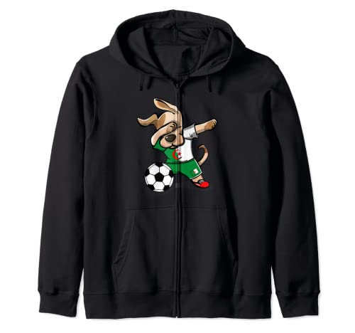 Dabbing Dog Algeria Soccer Fan Jersey Algerian Flag Football Zip Hoodie, Black