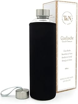 T&N Glasflasche 1 Liter / 750ml / 500ml – Trinkflasche Glas 1l mit Neoprenhülle – Wasserflasche Auslaufsicher 