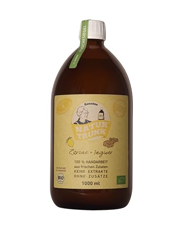 OHNE Konservierungsstoffe! Renates NaturTrunk Zitrone + Ingwer 1000 ml Glasflasche, Eine Flasche ca. 50 Zitrone + Ingwer-Shots. DE-ÖKO-006