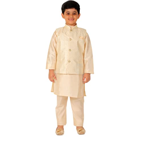 Image of Pro-Ethic Style Developer Kurta Pajama For Kids Boys With Waistcoat | Silk | Floral | Traditional Dress (S-200)