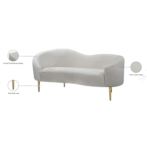 Image of Rosewood Luxury Curved Sofa in Premium Velvet-Fabric | Solid Wood Structure | High Density Foam | Sturdy Golden Legs | Comfortable & Stylish Couch for Modern Living Room (Cream, 2 Seater)