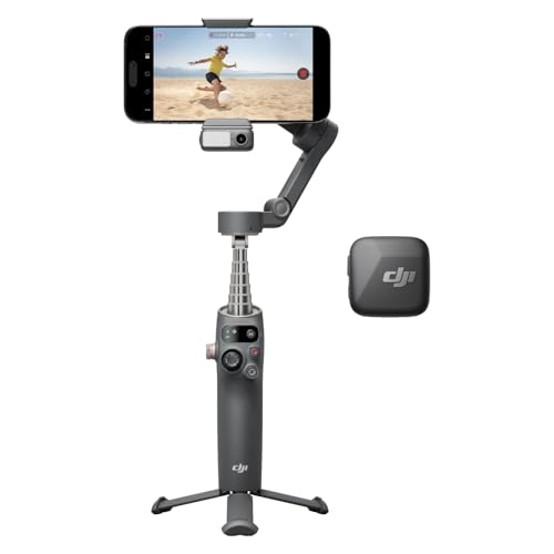 DJI Osmo Mobile 7P + Mic Mini TX (Noir Absolu), Stabilisateur Nacelle pour iPhone, Android, Suivi natif, Réception Audio, Éclairage, Stabilisation à 3 Axes, Barre d’Extension et trépied intégrés
