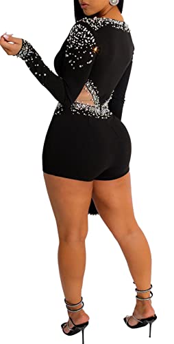 Womens Sexy Long Sleeve Deep V Neck Mesh Rhinestones Pearls Bodycon Party Clubwear Jumpsuit Rompers Black #TOP1