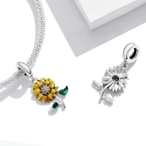 Charme tournesol argenté S925, finition émail et zircons premium - 7