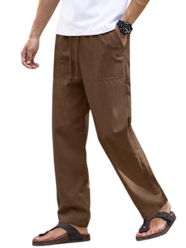 Image of Linen Pant for man | Loose Fit Trouser for Men | Elastic Waist with Drawstring | Perfect for Casual Wear | Lightweight Breathable Fabric | Straight Fit & Side Pocket