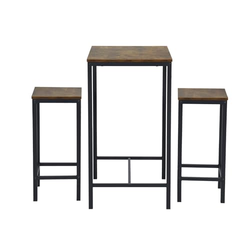 FurnitureR 3pcs Bar Sets, Bistro Bar Table Set + Stools, Breakfast Table with 2 High Stools, Steel...