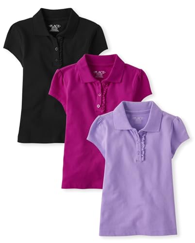 The Children's Place,Girls,Multipack Short Sleeve Ruffle Pique Polos,Black/Aurora Pink/Purple 3-Pack,Medium