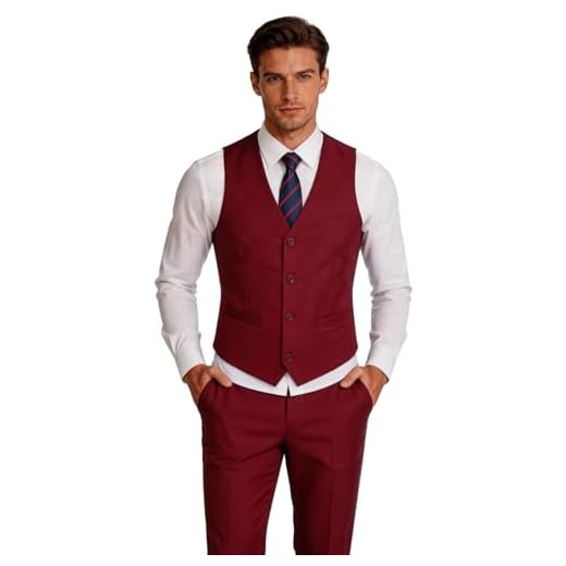 Furuyal Terno masculino 2 peças conjunto de colete slim fit terno casual colete calça, Vinho tinto, XX-Large