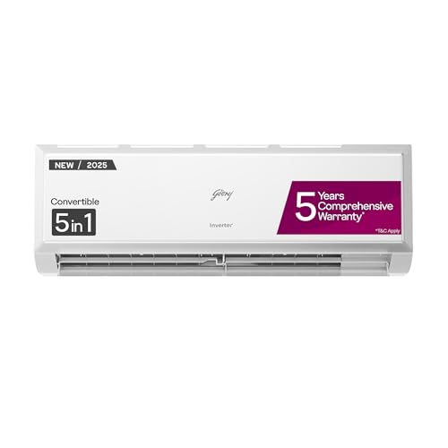 Godrej 1 Ton 3 Star, 5 Years Comprehensive Warranty, AI Powered, 5-In-1 Convertible Cooling, Inverter Split AC (Copper, Model, Heavy duty cooling at 52 °C, AC1T EI 12PINV3R32 WYQ 3S, White)
