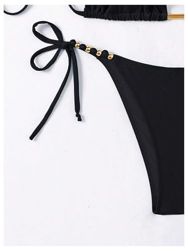 GORGLITTER Women's String Bikini Bead Triangle Swim Top and Tie Side Thong Cheeky Bathing Swimwear3