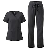 COZYFIT Scrubs for Women - Mock Wrap Top & Straight Leg Pants with 6 Pockets, Back Princess Seams, Soft Fabric Medical Scrubs Set Workwear for Women, Dark Grey, M