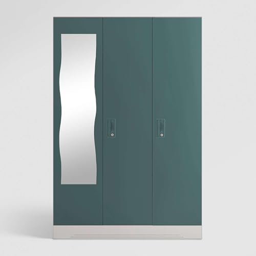 Image of Interio by Godrej Almirah Slimline 3-Door Steel Almirah, Cupboard for Clothes (Textured Sea Pine), 1-Year Warranty, 7 Shelves, 1 Locker, Curvilinear Mirror
