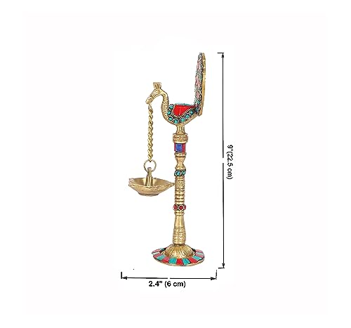 Image of Two Moustaches Gemstone Work Peacock Design 9 Inches Brass Hanging Diya Pair, Brass Diyas for Decoration, Brass Oil Lamp, Brass Diya for Puja, Standard, Pack of 2