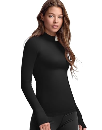 Zengjo Mock Neck Long Sleeve Workout Top, Thumb Hole Athletic Shirts for Women Running Yoga Lightweight Thermal Baselayer2