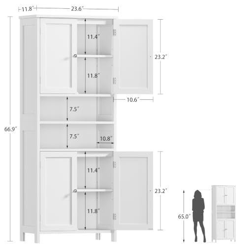 Image of TEENFON 66.9 inch H Tall Bathroom Storage Cabinet with 4 Doors & 2 Open Shelves | Bathroom Cabinet with Adjustable Shelves, Large Capacity Cabinet for Kitchen, Living Room, Entryway, Laundry & Pantry, White