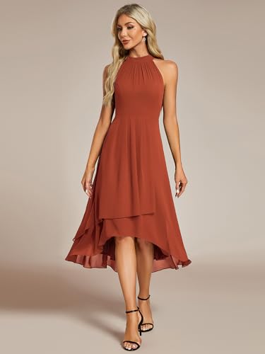 Image of Ever-Pretty Women's Halter Chiffon Midi Cocktail Wedding Guest Dress | High Low, Pleated, Summer Semi Formal Dress, Mother of the Bride Dress