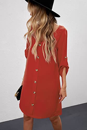 AlvaQ Women Tunic Dress Summer V Neck Short Sleeve Loose Button Down A Line Swing Mini Dresses Fashion 2024 Red Large