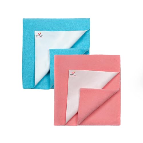 Image of Mylo Baby Waterproof Mattress Protector for Baby (0-3 Years), Extra Absorbent, Soft and Reusable Quick Dry Sheets (Turquoise & Coral)- Pack of 2