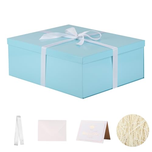 Caixa de presente grande azul com tampa 42 x 32 x 15,5 cm, caixas de presente premium com tampa e fita para presentes do dia dos namorados, o Natal inclui papel de seda triturado cartões sobre