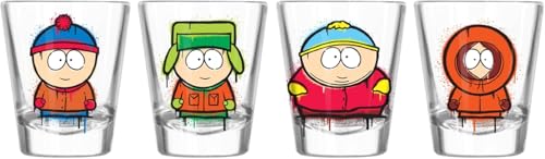 Image of Silver Buffalo South Park Featuring Eric Cartman, Stan, Kyle, and Kenny 4 Pack Mini Glass Set, 1.5 Ounces