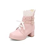 Inornever Women's Platform Mary Jane Shoes, Lolita Style, Chunky Heels Cross Strap Buckle, Lace Trim, PU Leather Upper, Triple Color Options, Pink White Black (Pink,7)