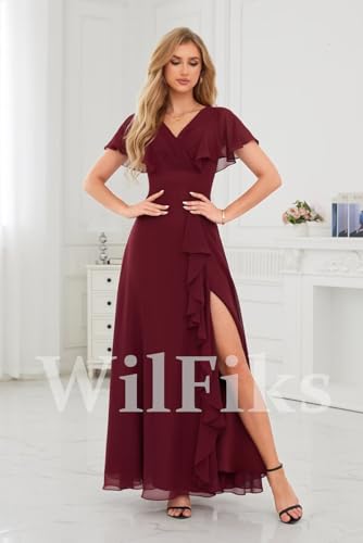 Image of WilFiks Ruffle V Neck Bridesmaid Dresses for Women Long Ruched Chiffon Formal Wedding Guest Dress Evening Gowns with Slit