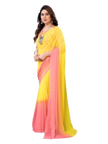 Image of RAJESHWAR FASHION WITH RF Ombre Plain Georgette Sarees For Women /College Girls Farewell With Digital Print Blouse