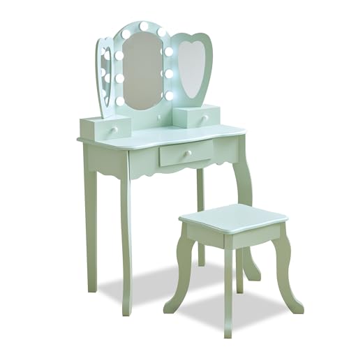 Teamson Kids Coiffeuse Enfant cœur Verte avec Miroir LED Triple Tabouret tiroirs Accessoires pour favoriser Imagination et autonomie