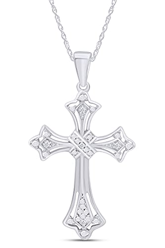 AFFY Round Shape White Natural Diamond Accents Cross Pendant Necklace In 14k Gold Over Sterling Silver