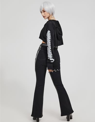 Women's Y2K Gothic Casual Bell Bottom Flared Jeans Pants with Waist Belt and Chain Accessories3