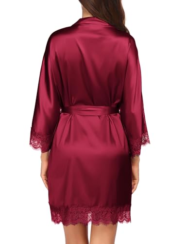 Image of Ekouaer Womens Silk Robes Short Lace Trim Satin Bride Bathrobe with Pockets